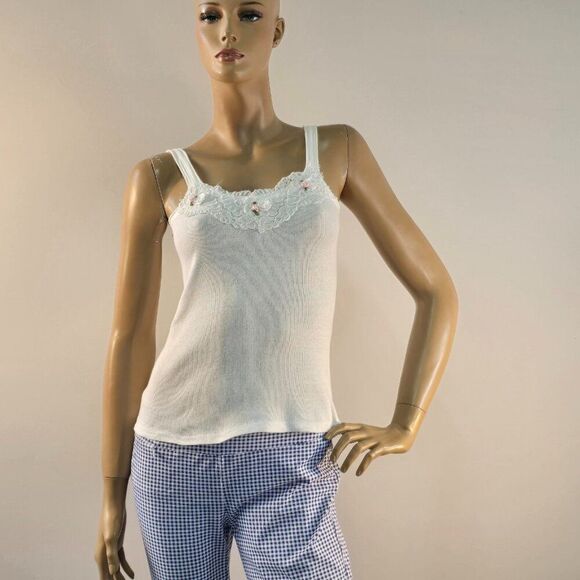 Vintage Cami Tank Top On Your Back By Jodi White Size S Lace Rosettes - Picture 4 of 9